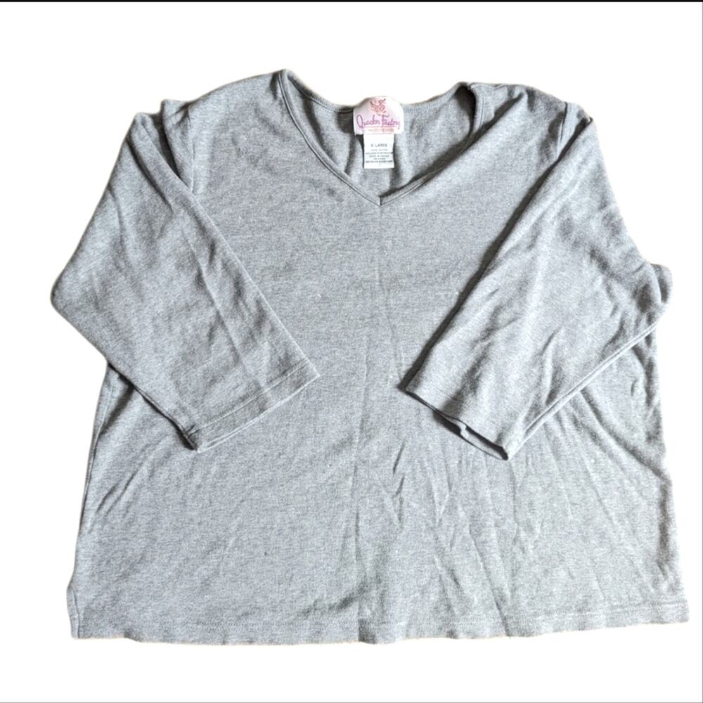 Quacker Factory Gray 3/4 Sleeve V Neck Rhinestone Studded Tee Shirt XL